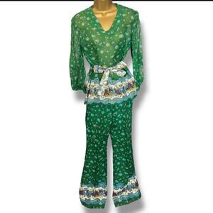 1970s Vintage Green Floral Boho 2 Piece Set Wide Leg Pants & Top M